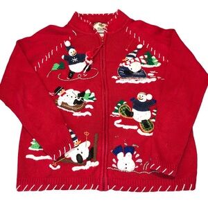 Vintage TIARA international full zip ugly Christmas sweater snowman womens small